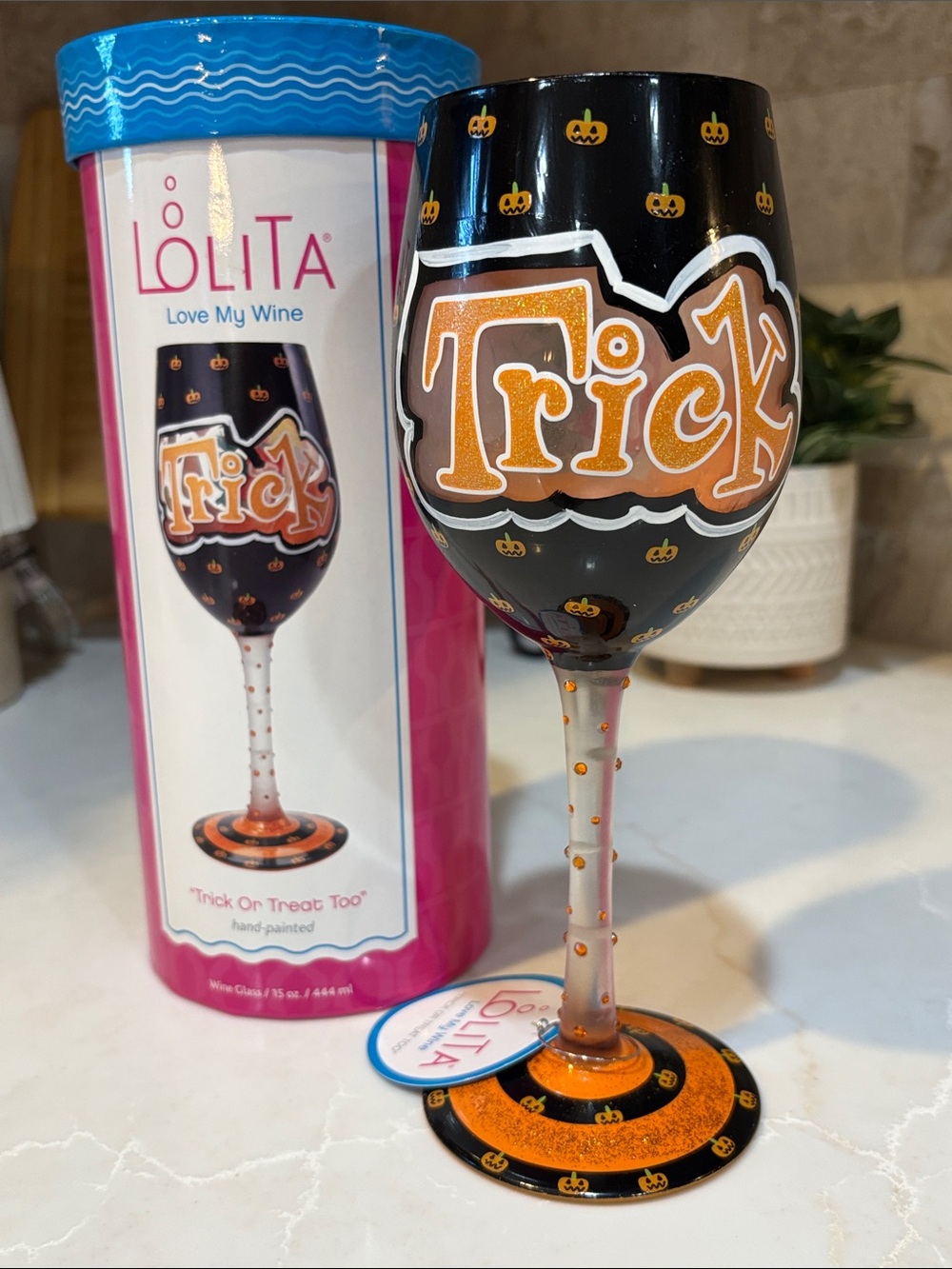 Lolita "Trick Or Treat Too" Hand Painted Halloween Wine Glass 15 oz NIB
